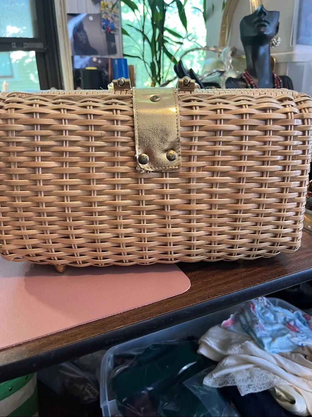 vintage Seashell-Embellished Wicker Box Purse.